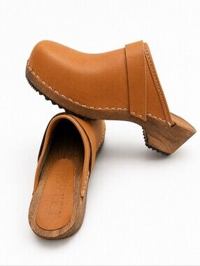 Swedish Leather Clog Mules in Cognac Brown